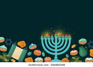Hanukkah background. Happy Hanukkah vector. Jewish Holiday greeting card template. Colorful vector illustration isolated on blue background. Hanukkah menorah with candles, dreidels, donuts, Torah.
