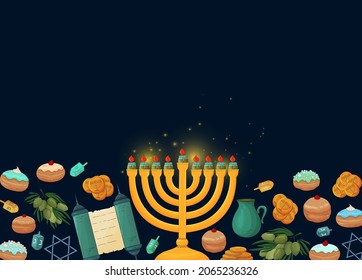 Hanukkah background. Happy Hanukkah vector. Jewish Holiday greeting card template. Colorful vector illustration isolated on blue background. Hanukkah menorah with candles, dreidels, donuts, Torah.