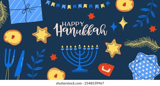 Hanukkah background for holiday. Candle, star and gift for happy hannukah. Vector illustration background