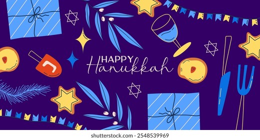 Hanukkah background for holiday. Candle, star and gift for happy hannukah. Vector illustration background