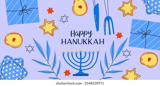 Hanukkah background for holiday. Candle, star and gift for happy hannukah. Vector illustration background