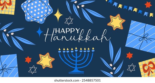 Hanukkah background for holiday. Candle, star and gift for happy hannukah. Vector illustration background