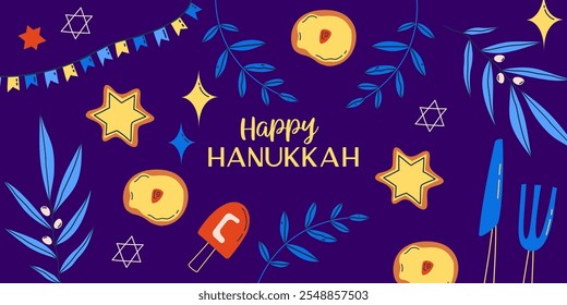 Hanukkah background for holiday. Candle, star and gift for happy hannukah. Vector illustration background