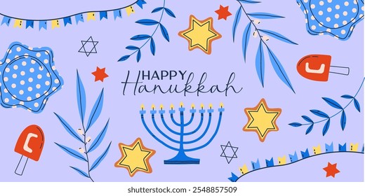 Hanukkah background for holiday. Candle, star and gift for happy hannukah. Vector illustration background