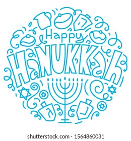 Hanukkah background. Holiday symbols: menorah (candlestick), candles, donuts, dreidel. Greeting card template design. Happy Hanukkah. Vector illustration hand drawn doodles style.