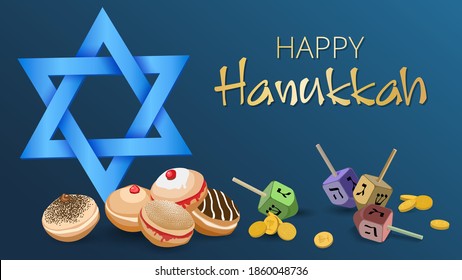 Hanukkah background with light blue David Star, deep fried sufganiyot donuts, gold coins and dreidels. Happy Hanukkah background. Traditional Chanukah symbols isolated on blue. Vector