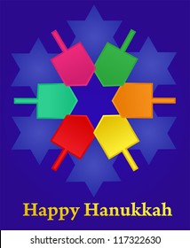 Hanukkah background with menorah and dreidel
