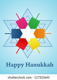 Hanukkah background with menorah and dreidel