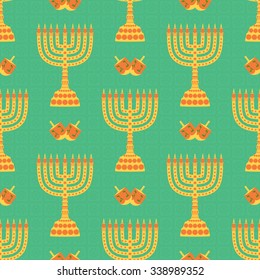 Hanukkah background with menorah, dreidels, candles. Beautiful seamless background