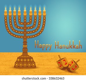 Hanukkah background with menorah, dreidels, text Happy Hanukkah and place for your text. Candles, David star and jewels. Beautiful greeting card.