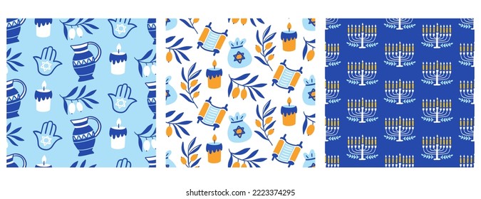 Hanukkah background seamless pattern set. Jewish holiday repeating endless background with Menorah, dreidel, Torah scroll, Hamsa doodle icons. Vector illustration texture print on blue backdrop.