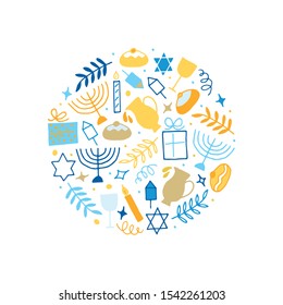 Hanukkah background. Set of elements: menorah, wreath, candles, donuts, branch, gifts, dreidel, oil, confetti, coins, Jewish star. Jewish holiday symbols drawing in doodle style. Vector illustration