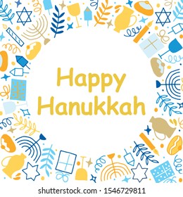 Hanukkah background. Set of elements: menorah, wreath, candles, donuts, branch, gifts, dreidel, oil, confetti, coins, Jewish star. Jewish holiday symbols drawing in doodle style. Vector illustration