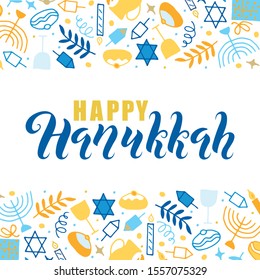 Hanukkah background. Set of elements: menorah, wreath, candles, donuts, branch, gifts, dreidel, oil, confetti, coins, Jewish star. Jewish holiday symbols drawing in doodle style. Vector illustration