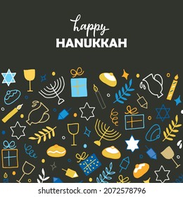 Hanukkah background. Set of elements: menorah, wreath, candles, donuts, branch, gifts, dreidel, oil, confetti, coins, Jewish star. Jewish holiday symbols drawing in doodle style. Vector illustration