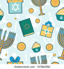 Hanukkah background with traditional Chanukah symbols. Seamless pattern. vector illustration