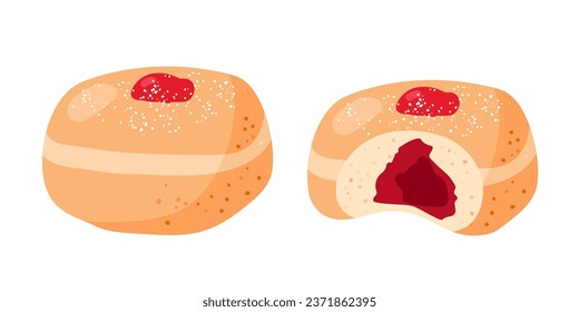 Hanukkah bakery doughnut whole and bitten cartoon flat vector illustration. Traditional Chanukah donuts sufganiyah. Pastry donut with jam, sweet food for bakery, cafe menu. Sweet unhealthy food