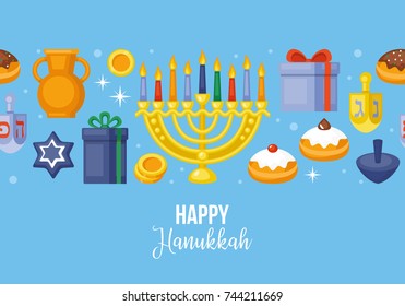 Hanukkah banner design. Menorah, sufganiyot, dreidel and gift box flat style vector illustration. Seamless pattern background