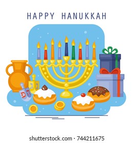 Hanukkah banner design. Menorah, sufganiyot, dreidel and gift box flat style vector illustration.