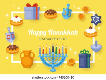 Hanukkah banner design. Menorah, sufganiyot, dreidel and gift box flat style vector illustration