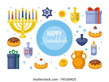 Hanukkah banner design. Menorah, sufganiyot, dreidel and gift box flat style vector illustration