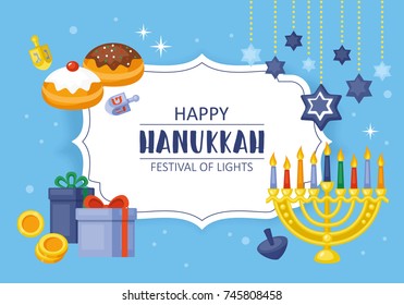 Hanukkah banner design. Menorah, sufganiyot, dreidel and gift box flat style vector illustration