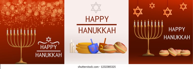 Hanukkah banner set. Realistic illustration of hanukkah vector banner set for web design