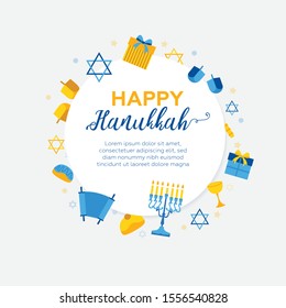 Hanukkah Banner Template. Circle Greeting Card with Menorah and Dreidels