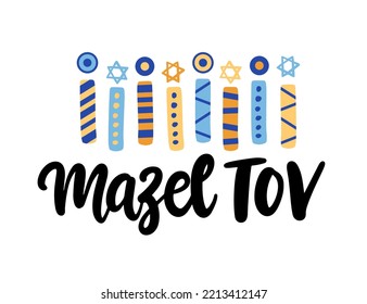 Hanukkah banner template design. Jewish holiday Greeting Card with hand lettering sayings and Menorah candles. Vector illustration isolated on white background