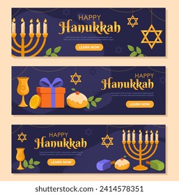 Hanukkah banners set. Traditional jewish holiday and festival. Candleholder with gift boxes and cakes. Greeting postcard. Cartoon flat vector collection isolated on beige background