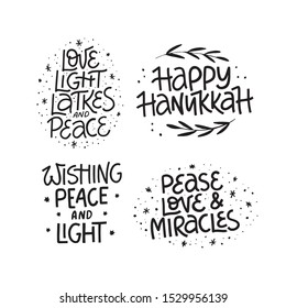 Hanukkah black vector lettering set. Traditional jewish holiday phrases collection. Love, light, latkes and peace quotes. Chanukah wishes isolated on white. Handwritten Hanuka festive inscriptions