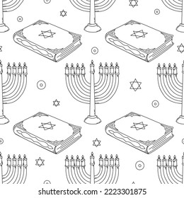 Hanukkah black and white seamless pattern with menorah and torah.