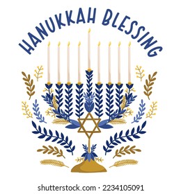 Hanukkah blessing vector print. Jewish holidays illustration