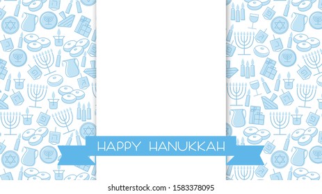 Hanukkah blue background with copy space. Jewish Festival of light. Vector illustration with holiday candles, dreidels, Hebrew letters and David stars.