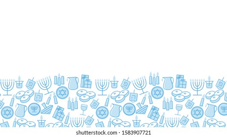 Hanukkah blue background with copy space. Jewish Festival of light. Vector illustration with holiday candles, dreidels, Hebrew letters and David stars.