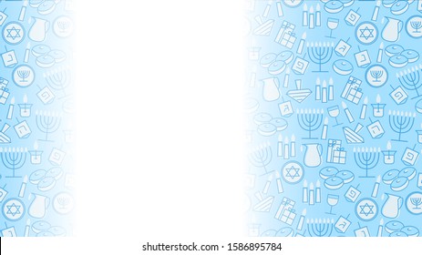 Hanukkah blue background with copy space. Jewish Festival of light. Vector illustration with holiday candles, dreidels, Hebrew letters and David stars.