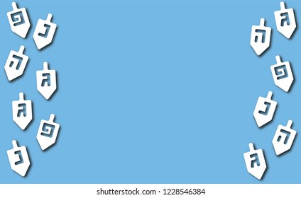 Hanukkah blue background with dreidels and Hebrew letters. Modern paper cut design for Jewish Festival of light. Vector illustration with place for your text