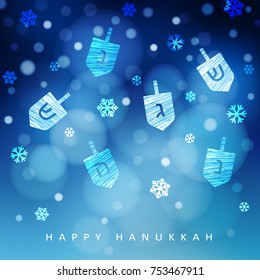 Hanukkah blue background with falling snow, light and dreidels. Modern festive blurred vector illustration for Jewish Festival of light holiday.