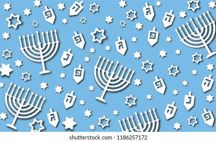 Hanukkah blue background with holiday candles, dreidels, Hebrew letters and David stars. Modern paper cut design for Jewish Festival of light. Vector illustration