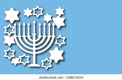 Hanukkah blue background with holiday candles and David stars. Modern paper cut design for Jewish Festival of light. Vector illustration with place for your text