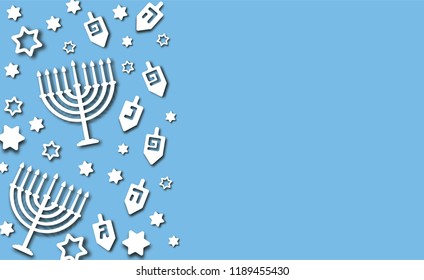 Hanukkah blue background with holiday candles, dreidels, Hebrew letters and David stars. Modern paper cut design for Jewish Festival of light. Vector illustration with place for your text