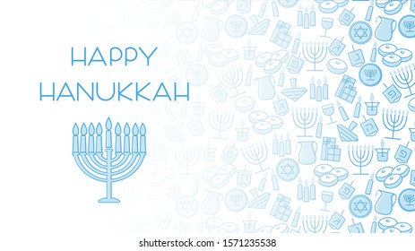 Hanukkah blue background with holiday candles, dreidels, Hebrew letters and David stars. Vector illustration for Jewish Festival of light.