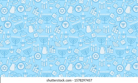 Hanukkah blue background with holiday candles, dreidels, Hebrew letters and David stars. Vector illustration for Jewish Festival of light.