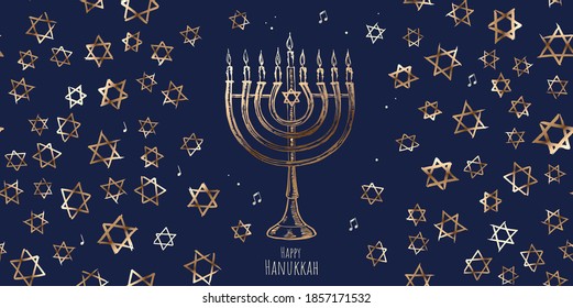 Hanukkah blue background with holiday candles, Hebrew David stars. Vector illustration.