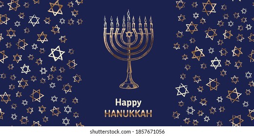 Hanukkah blue background with holiday candles, Hebrew David stars. Vector illustration.