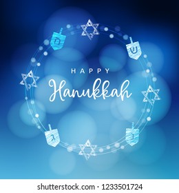 Hanukkah blue background with wreath of light, Jewish stars and dreidels. Festive party decoration. Modern blurred vector illustration  for Jewish Festival of light.