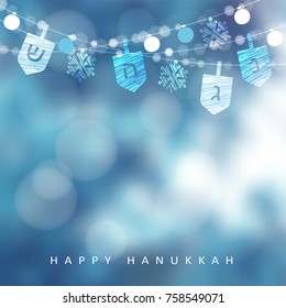 Hanukkah blue greeting card, invitation with string of lights, dreidels and snowflakes. Party decoration. Modern festive blurred vector illustration background for Jewish Festival of light holiday.