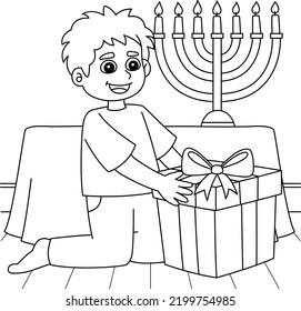 Hanukkah Boy with Gift Coloring Page for Kids