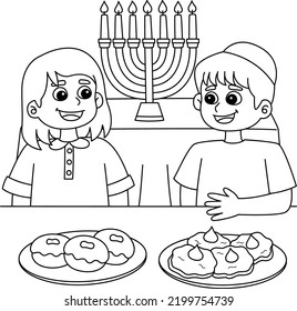 Hanukkah Boy and Girl Feasting Coloring Page