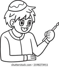 Hanukkah Boy Holding Candle Isolated Coloring 